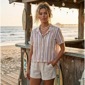 Volcom Shirt Womens Cropped Button Up Short Sleeve Striped Relaxed M Beachy
